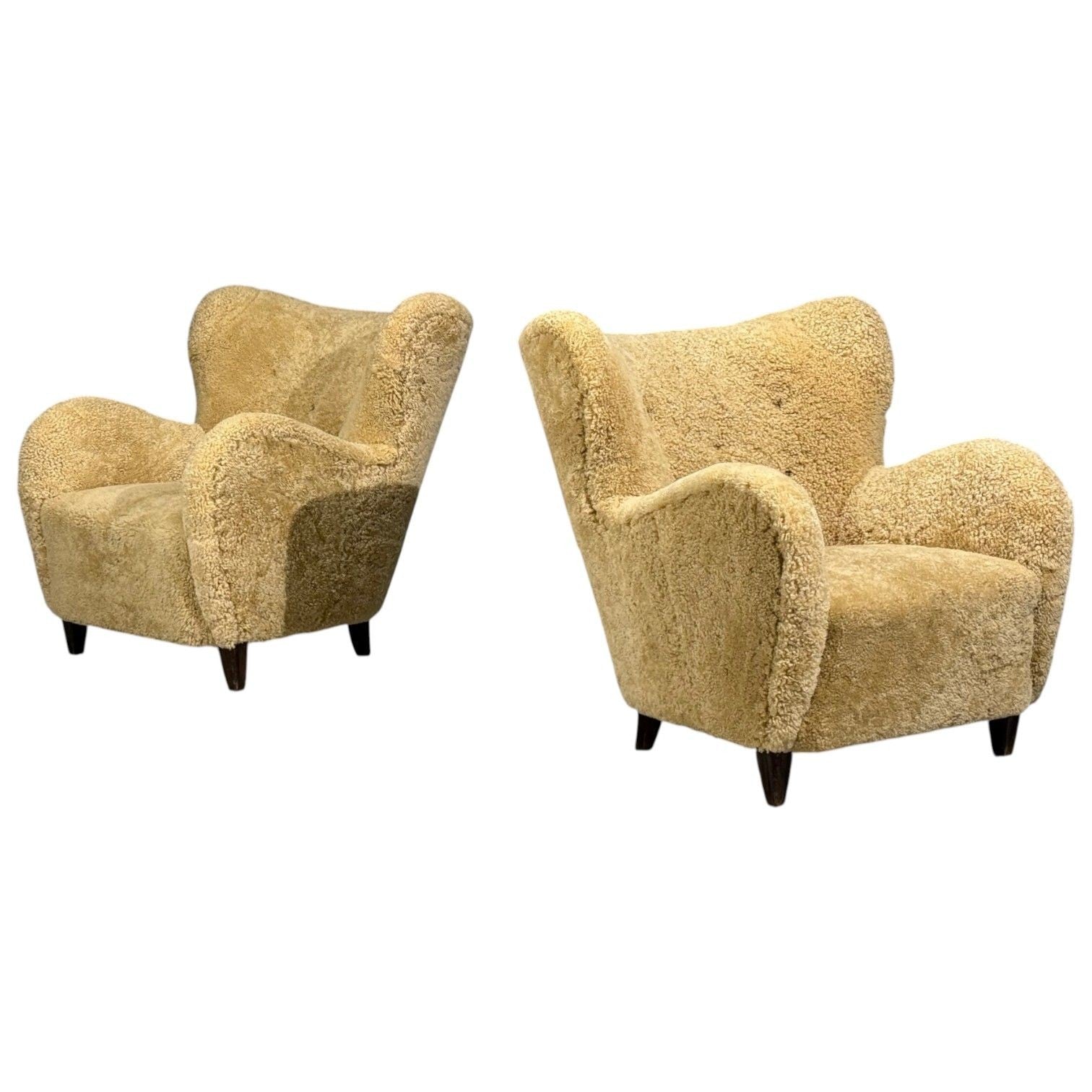 Swedish Modern, Organic Lounge Chairs, Shearling, Wood, Sweden, 1940s