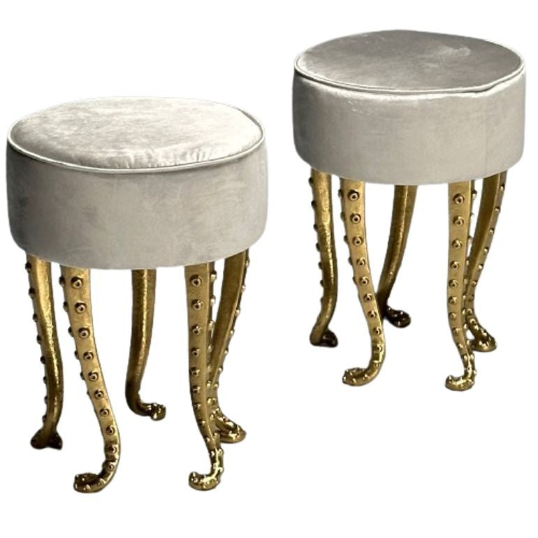 Modern Octopus Stools, Cast Gilt Bronze, Grey Velvet