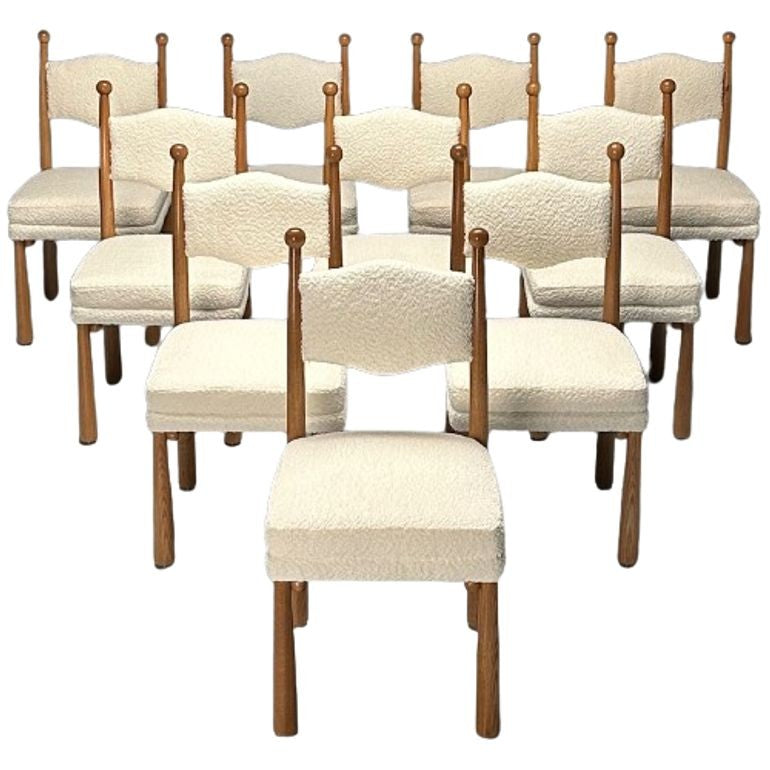 French Mid-Century Modern Style, Oak, Boucle, Contemporary Dining Chairs