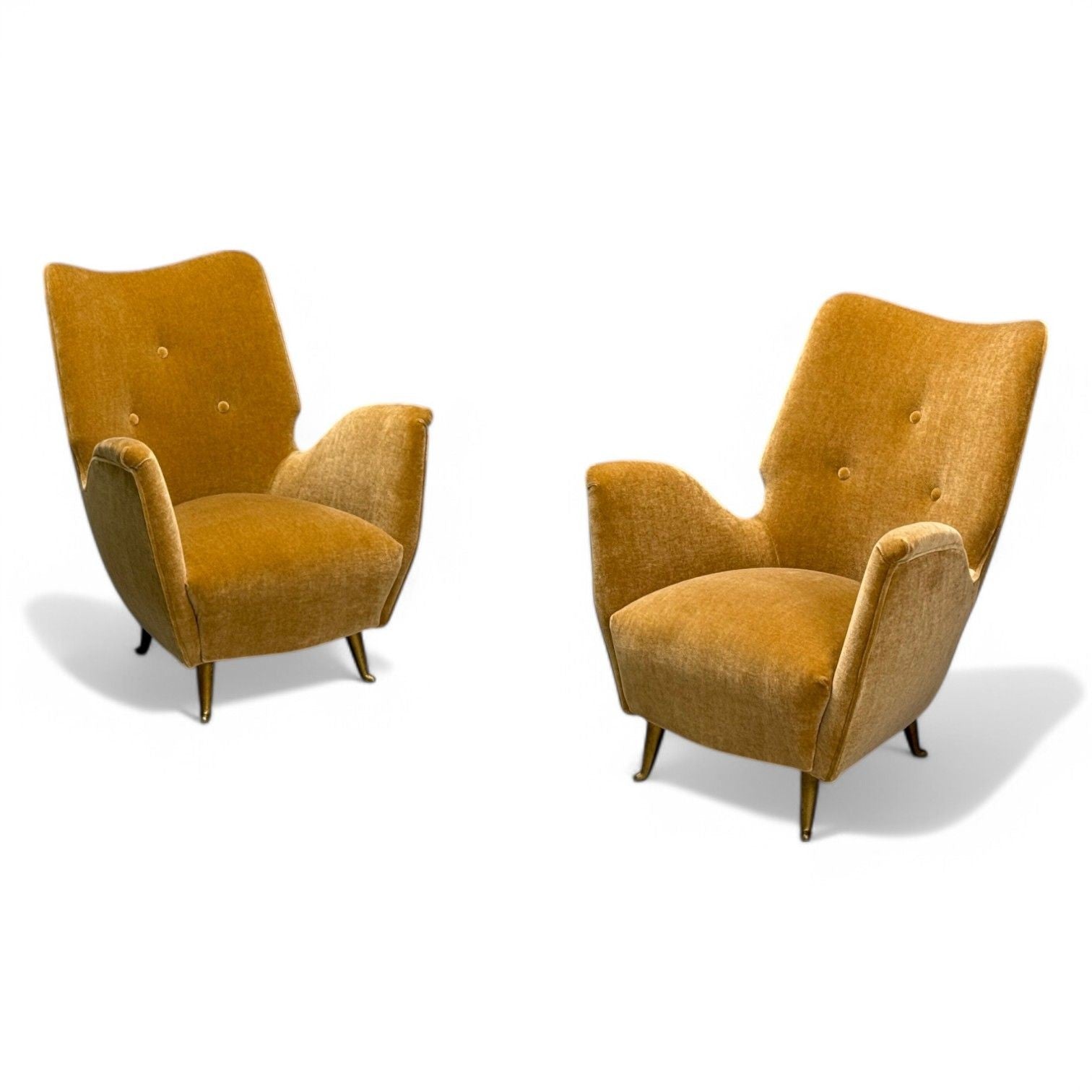 ISA Bergamo, Italian Mid-Century, Bronze, Camel Mohair, Lounge Chairs, 1950s