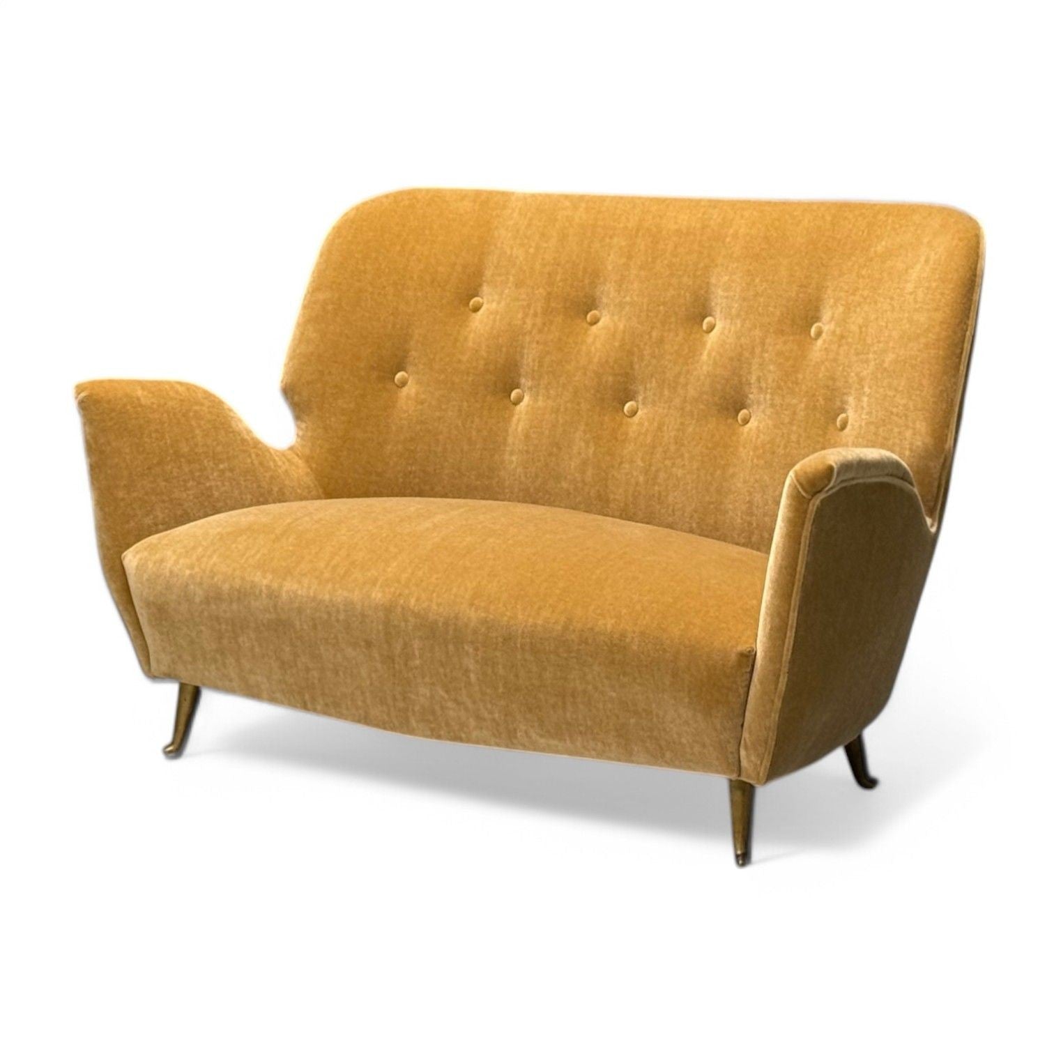 ISA Bergamo, Italian Mid-Century Modern, Bronze, Camel Mohair, Settee, 1950s