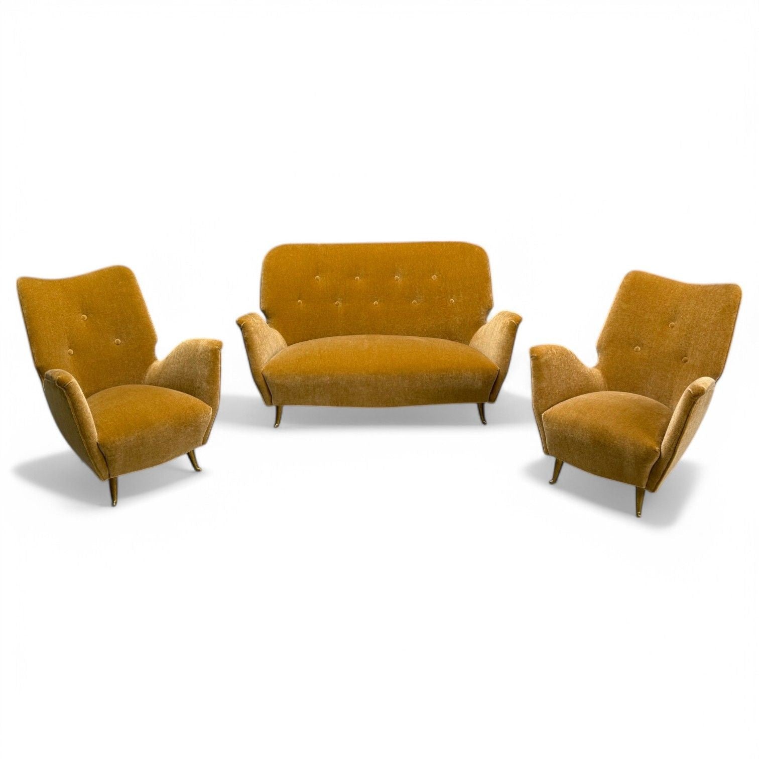 ISA Bergamo, Italian Mid-Century Modern, Bronze, Camel Mohair, Sofa Set, 1950s