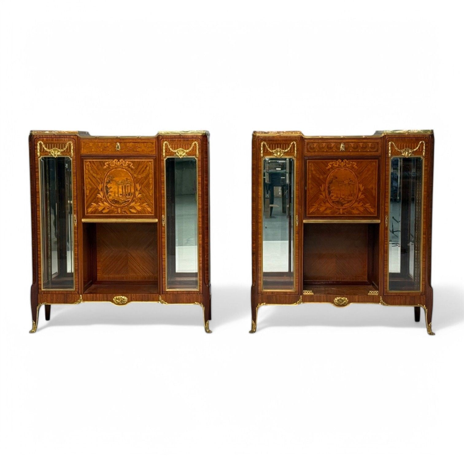 Haentges Frères, Louis XVI, Marquetry, Bronze, Vitrine Cabinets, Paris, 19th C.