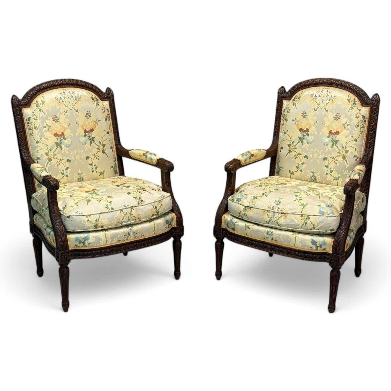 Louis XVI Style, Beechwood, Floral Fabric, Bergere Chairs, France, 1940s