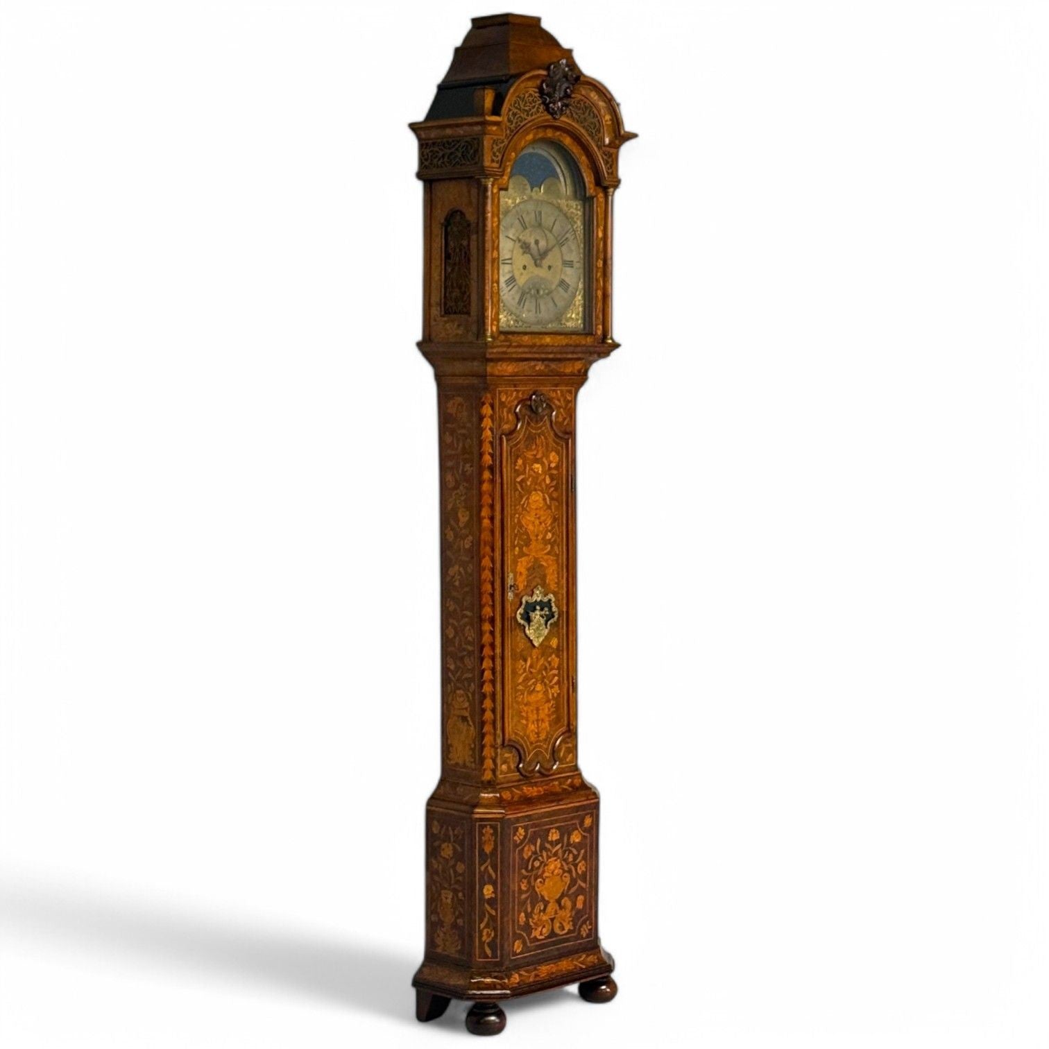 JP Kroese, Dutch Baroque, Marquetry, Moon Face Dial, Grandfather Clock, 18th C