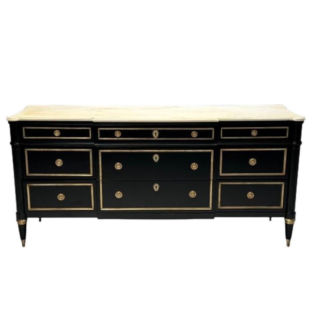 Maison Jansen, Hollywood Regency, Large Commode, Black Wood, Marble, 1940s