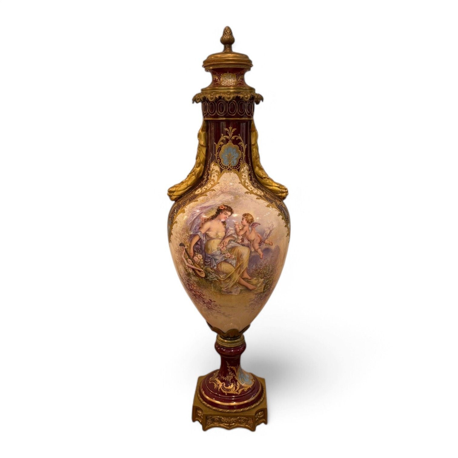 Sevres, Porcelain, Gilt Metal, Vase with Cherub and Maiden, France, 19th C.