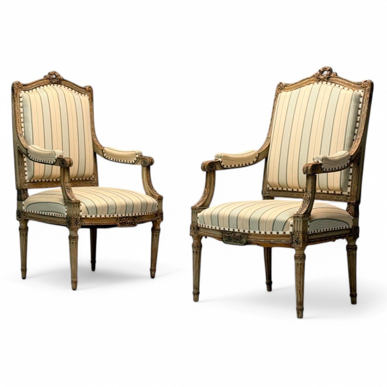 Maison Jansen attr, Louis XVI, Painted Wood, Fabric, Arm Chairs, France, 1940s