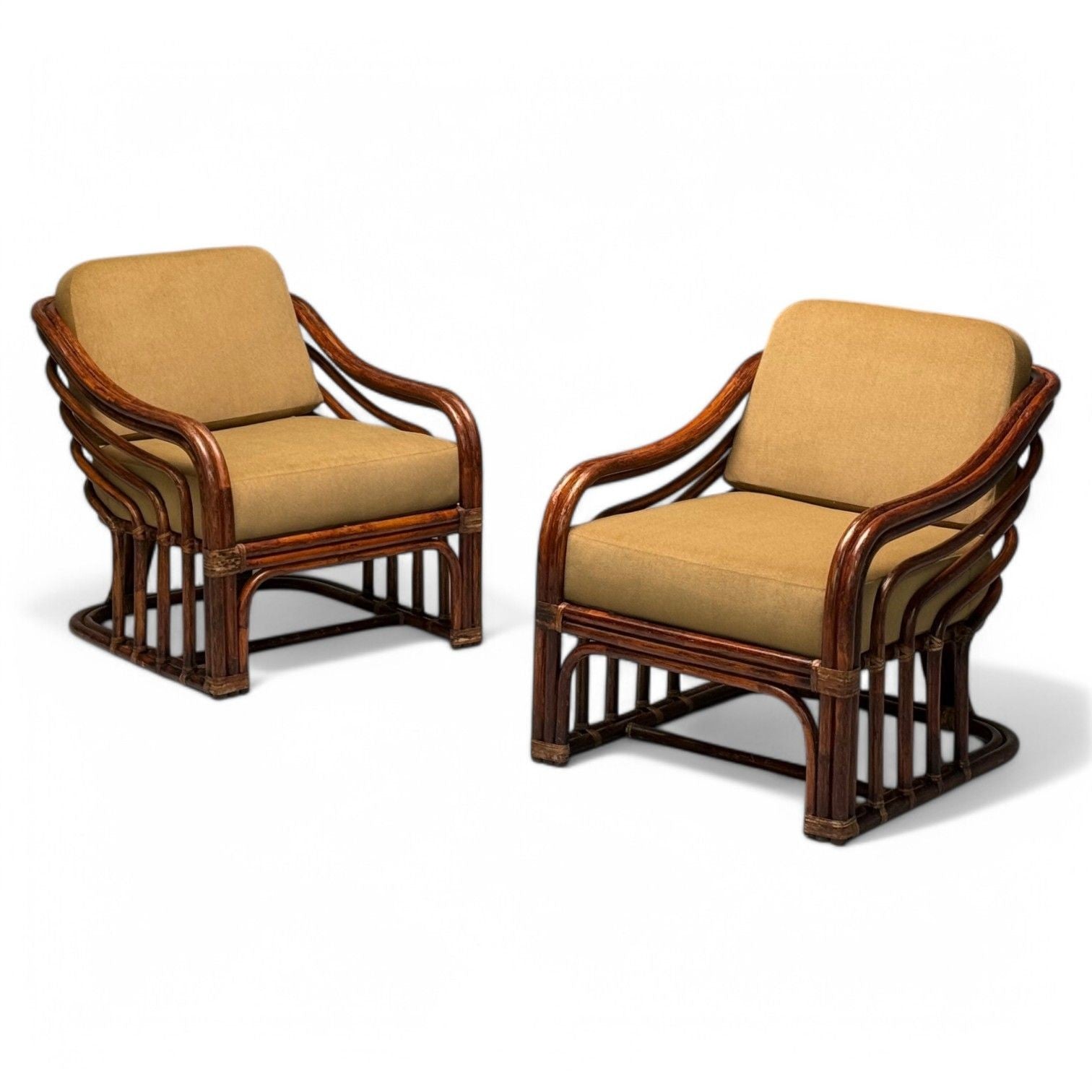 Brown Jordan, Mid-Century Modern, Bamboo, Camel Fabric, Lounge Chairs, 1960s
