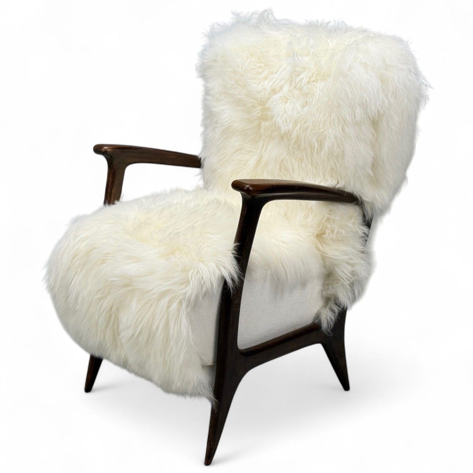 Italian Modern, Wood, White Shearling, Lounge Chair, 1950s