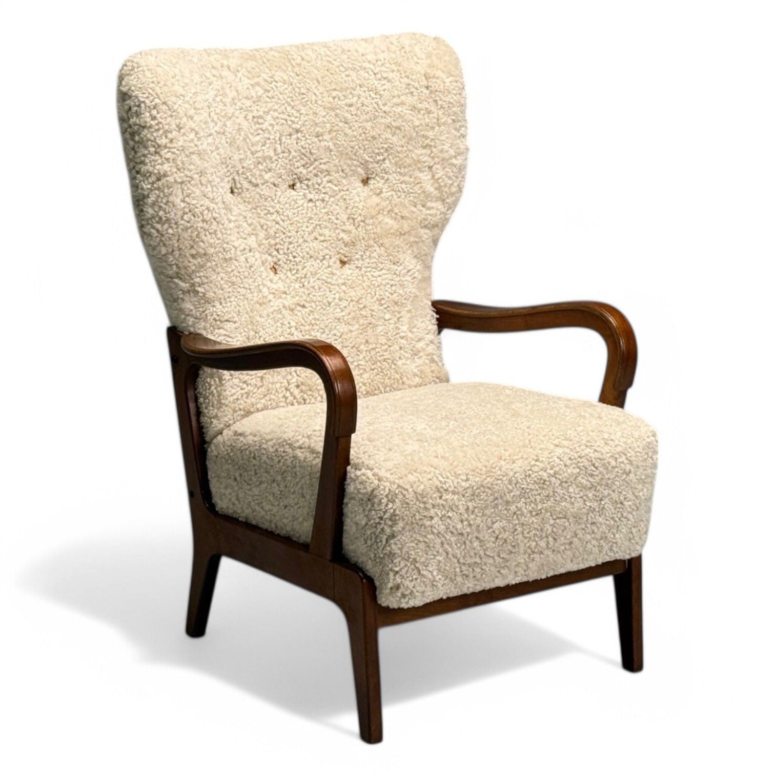 Danish Mid-Century Modern, Beige Sheepskin, Beech, Lounge Chair, Denmark, 1960s