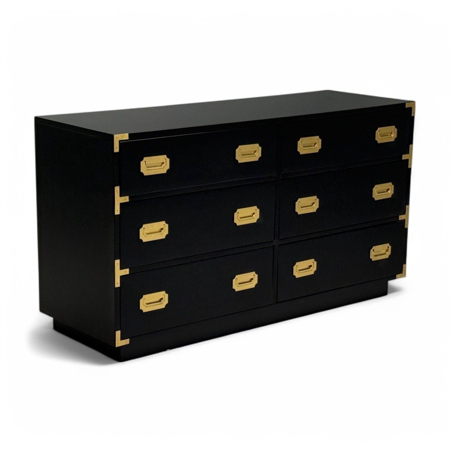 Hollywood Regency, Satin Black Wood, Brass, Campaign Dresser USA, 1970