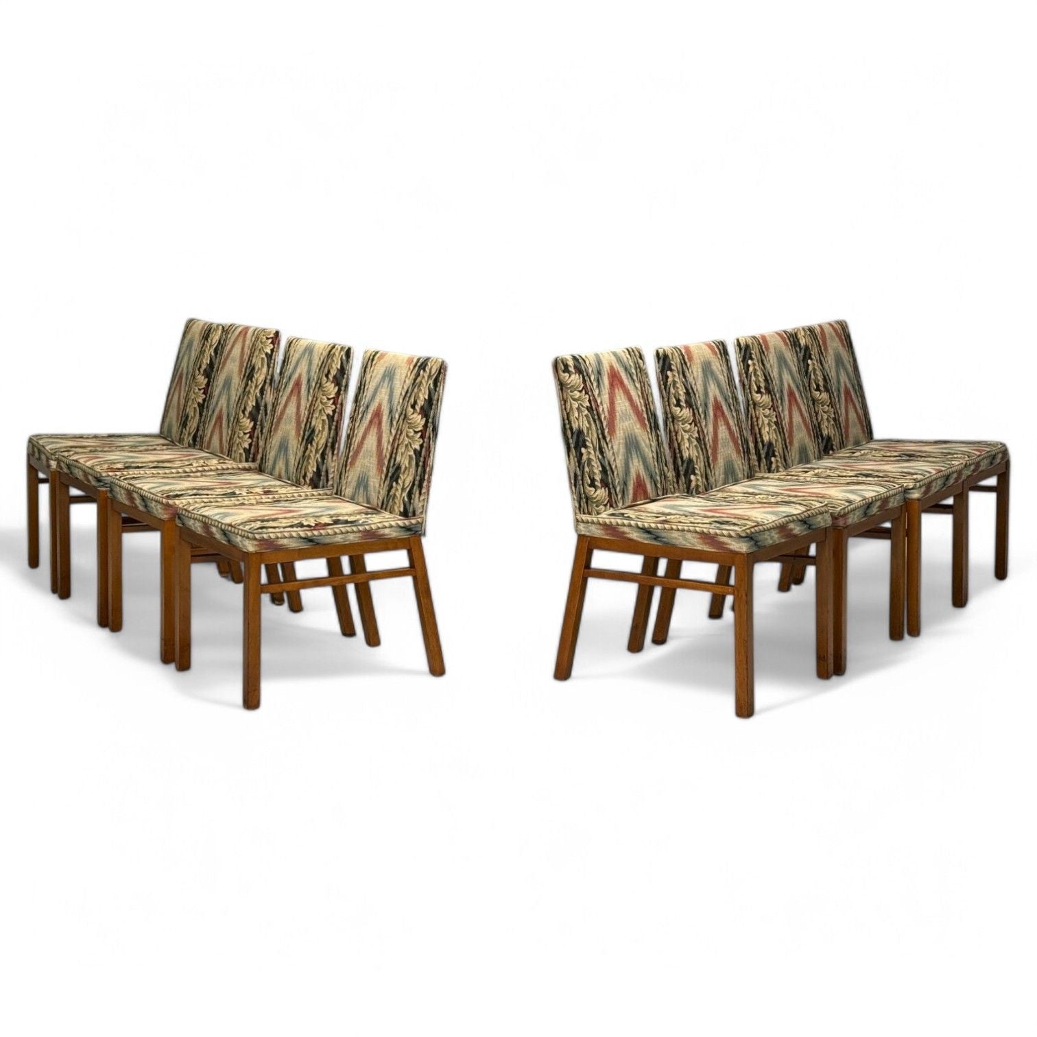T.H. Robsjohn-Gibbings, Walnut, Scalamandre Fabric, Dining Chairs, USA, 1950s