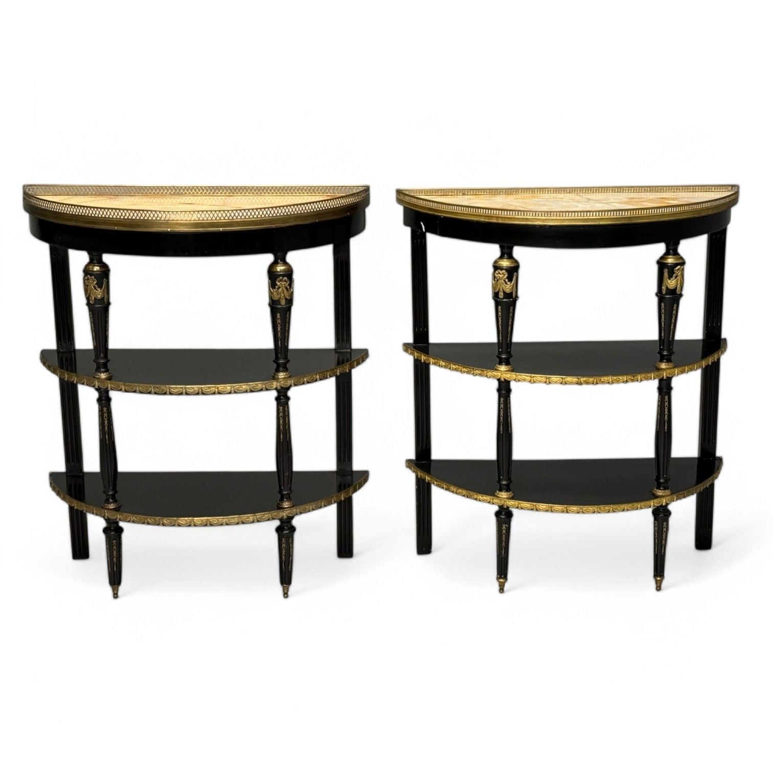 Hollywood Regency, Ebony Painted Wood, Onyx, Demilune Console Tables, 1930s