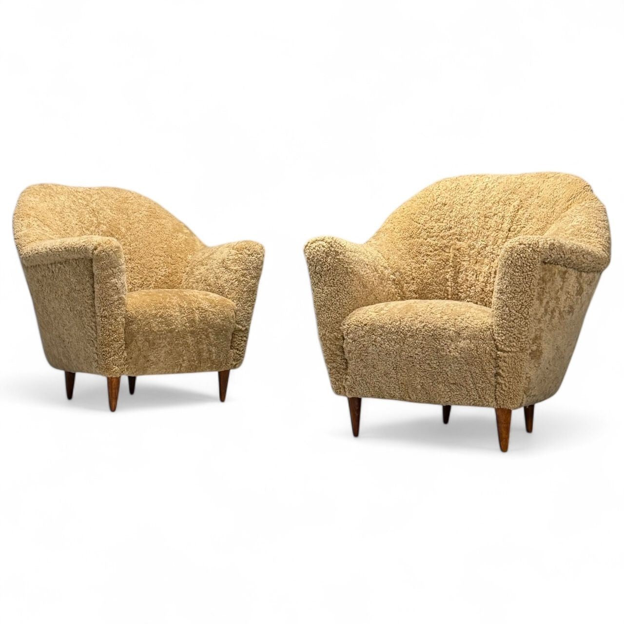 Italian Modern, Honey Shearling, Stained Wood, Lounge Chairs, Italy, 1950s