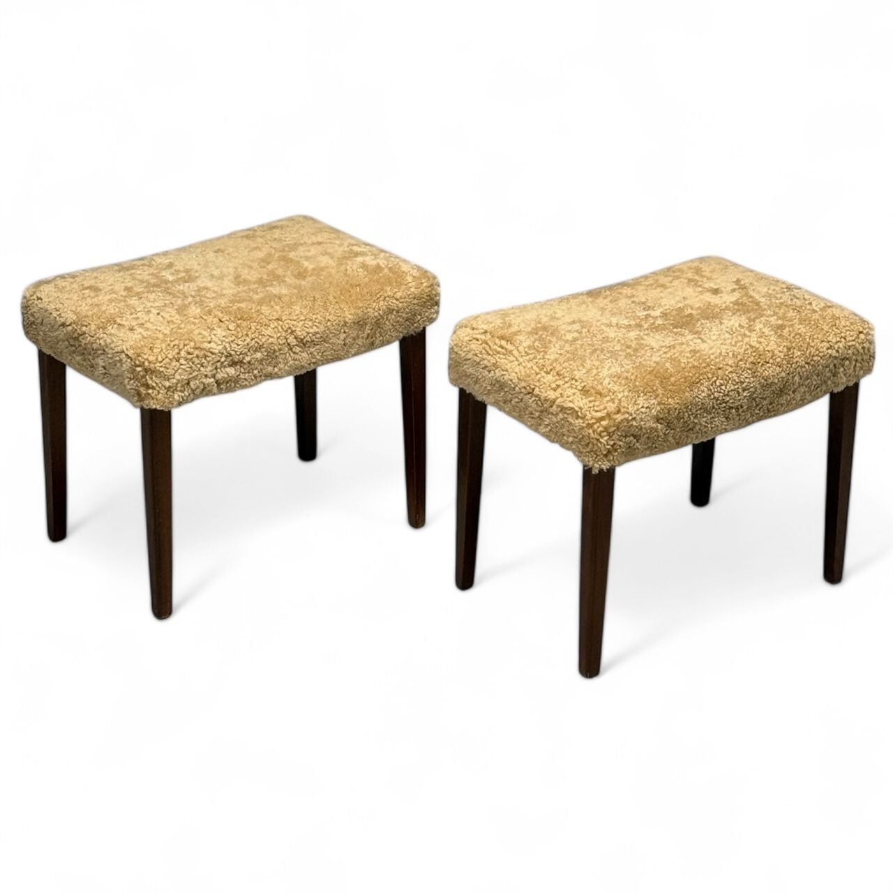 Danish Mid-Century Modern, Ottomans, Honey Shearling, Mahogany, Denmark, 1950s