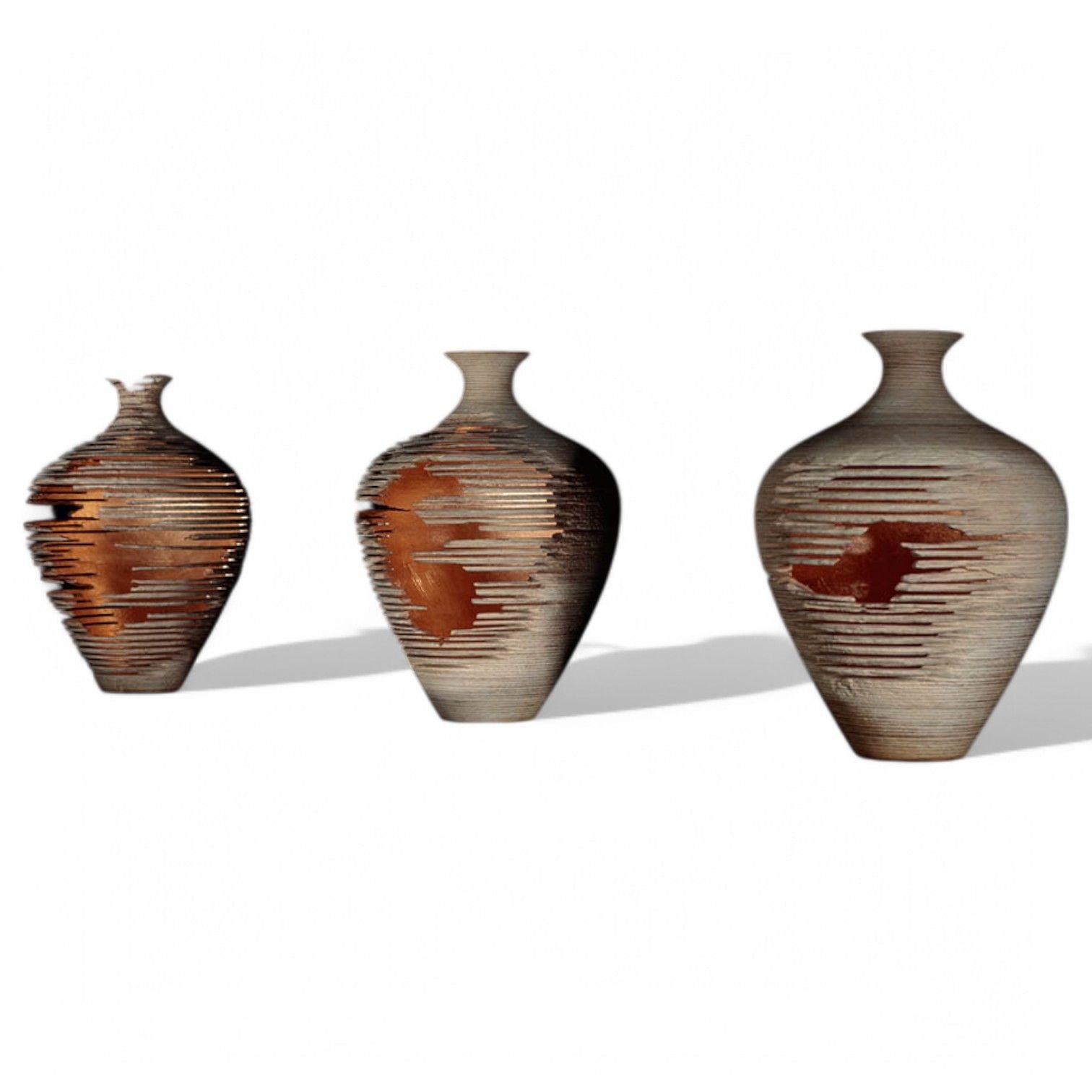 Marc Fish, Contemporary, Ash, Rose Gold Leaf, Three Triptych Vessels, UK, 21st c
