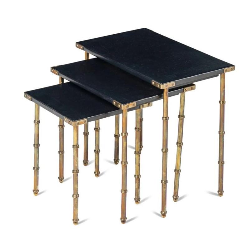 Jacques Adnet, French Mid-Century Modern, Nesting Tables, Leather, Brass, 1950s