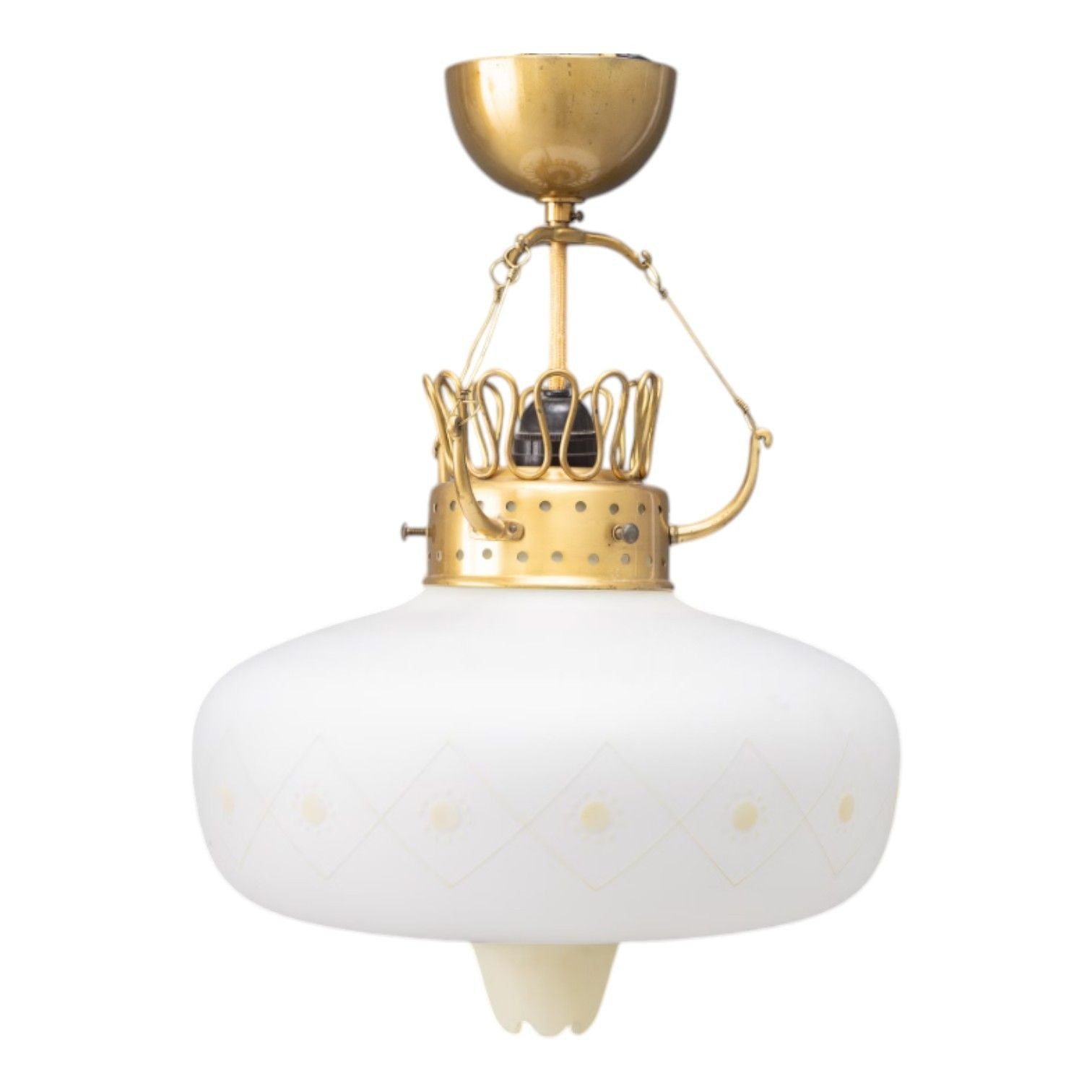 Swedish Modern, Opal Glass, Patinated Brass, Pendant Light, Sweden, 1940s