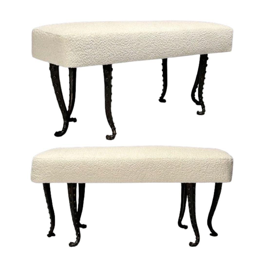 Modern, Long Octopus Benches, Blackened Bronze, White Boucle