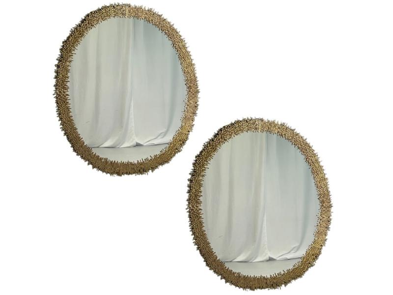 Hollywood Regency Style, Brutalist Modern, Round Wall Mirrors, Brass Star Motif