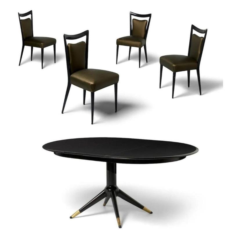 Melchiorre Bega, Italian Mid-Century Modern, Dining Chairs, Table, Black Lacquer