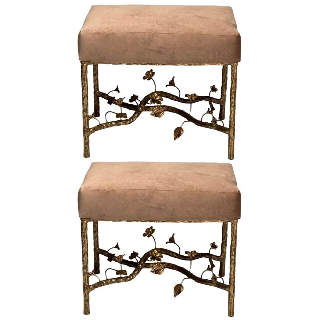 Giacometti Style, Hammered Bronze, Brown Velvet, Occasional Benches