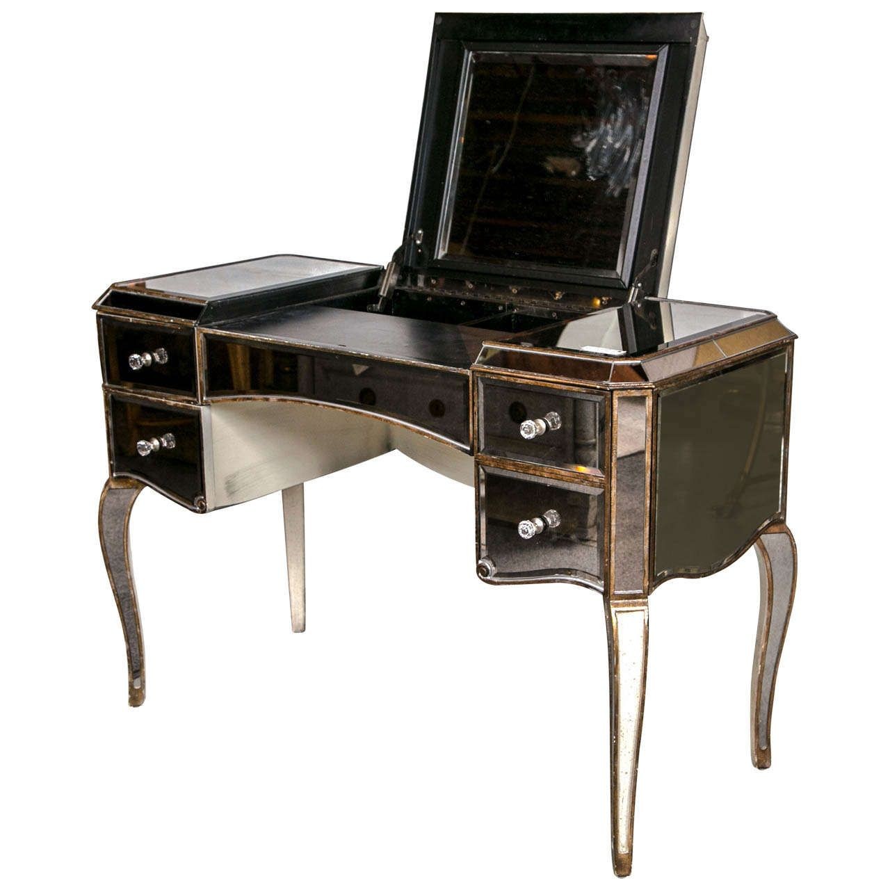 Hollywood Regency Style Mirrored Vanity or Desk, Giltwood Accent