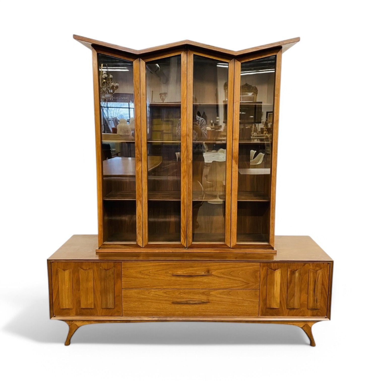 Duiske, Irish Mid Century Modern, Stained Wood, Glass, Breakfront, 1950s