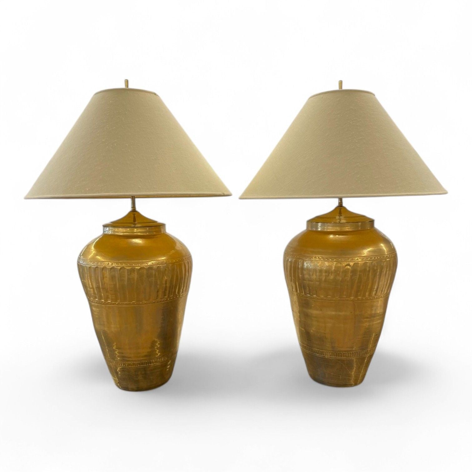 Hollywood Regency, Water Gilt, Fabric, Monumental Table Lamps, USA, 1970s