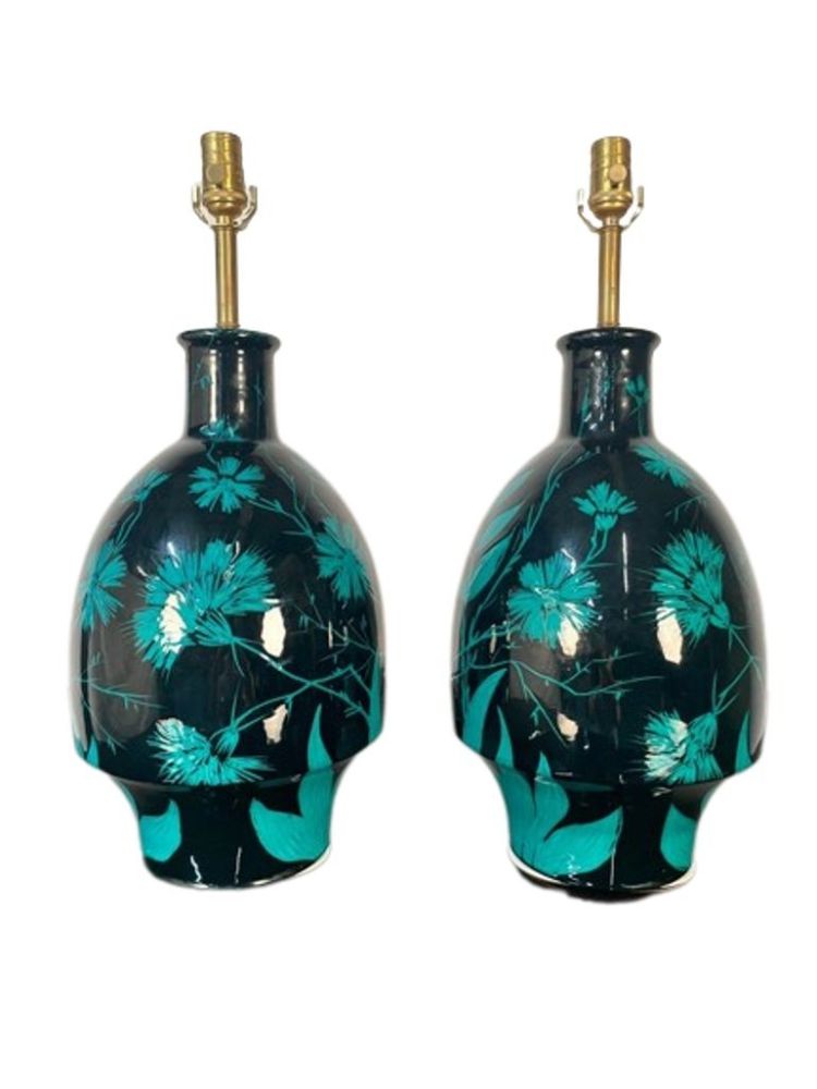 Pair of Mid-Century Modern Ceramic Floral Motif Table Lamps, Green and Blue
