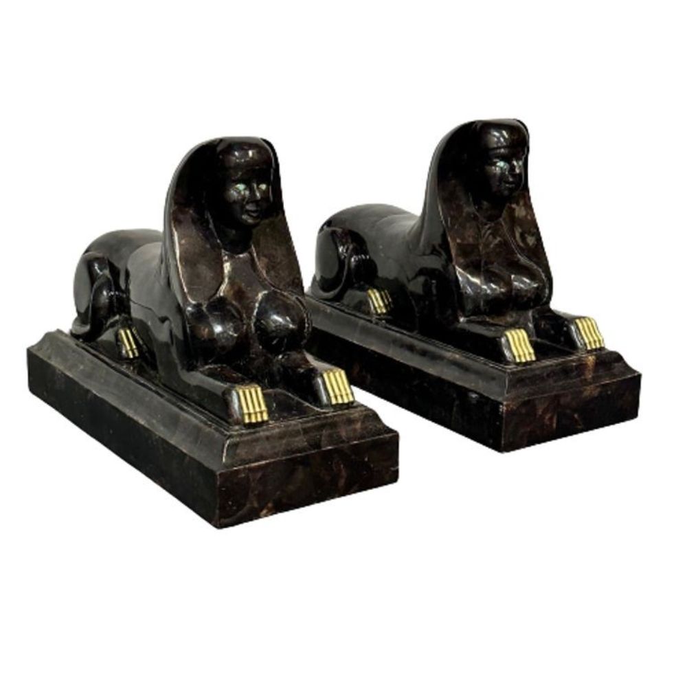 Pair of Maitland Smith Tessellated Egyptian Seated Sphinxes, Entryway