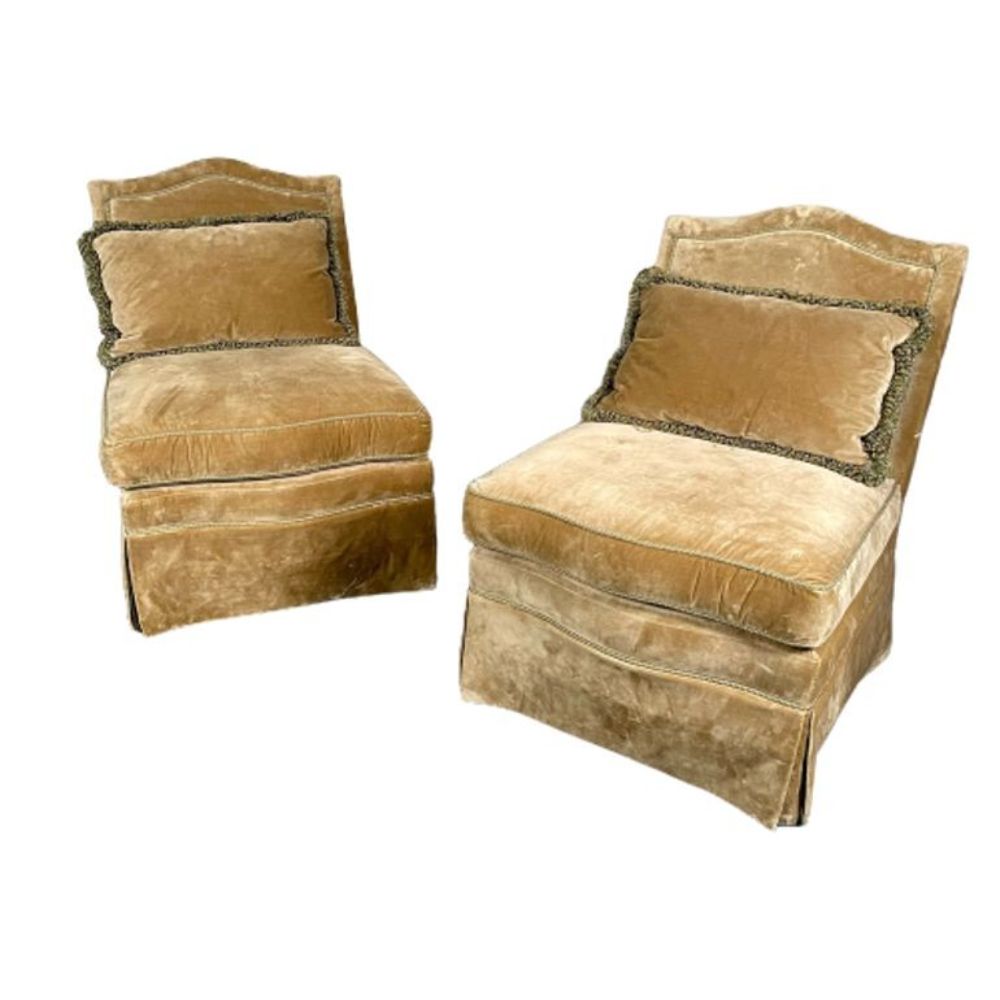 Pair of Louis XVI Style Mohair Slipper or Lounge Chairs, Traditional, Velvet