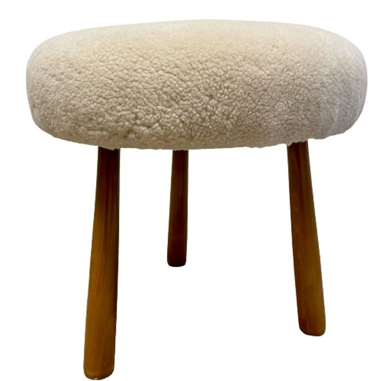 Swedish Modern Style, Beige Sheepskin, Stained Wood, Ottoman or Footstool