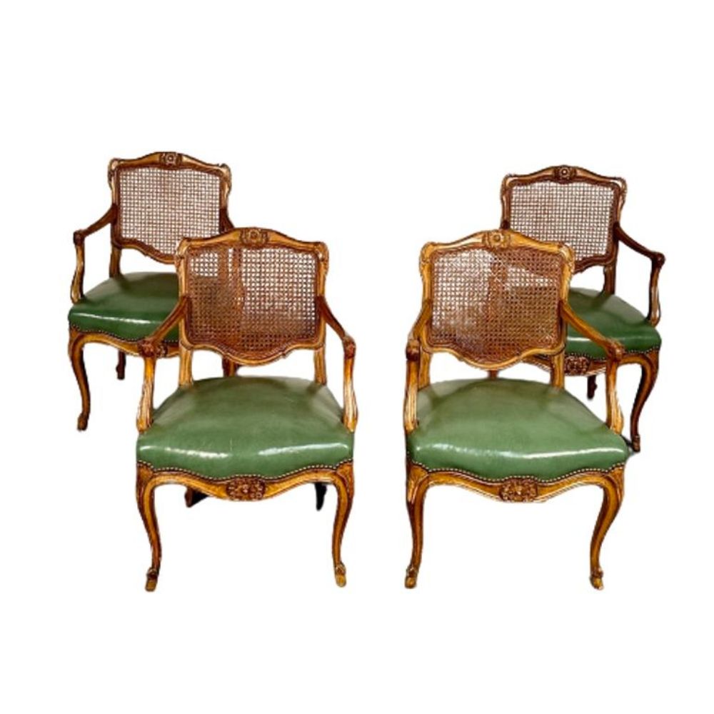 Four French Louis XV Style Fauteuils / Office Chairs, Cane and Leather