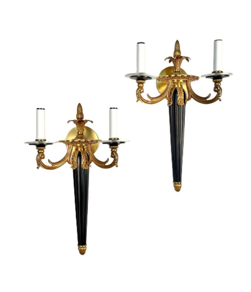 Pair Louis XVI Style French Sconces / Wall Lights, Ebony, Bronze, Maison Bagues