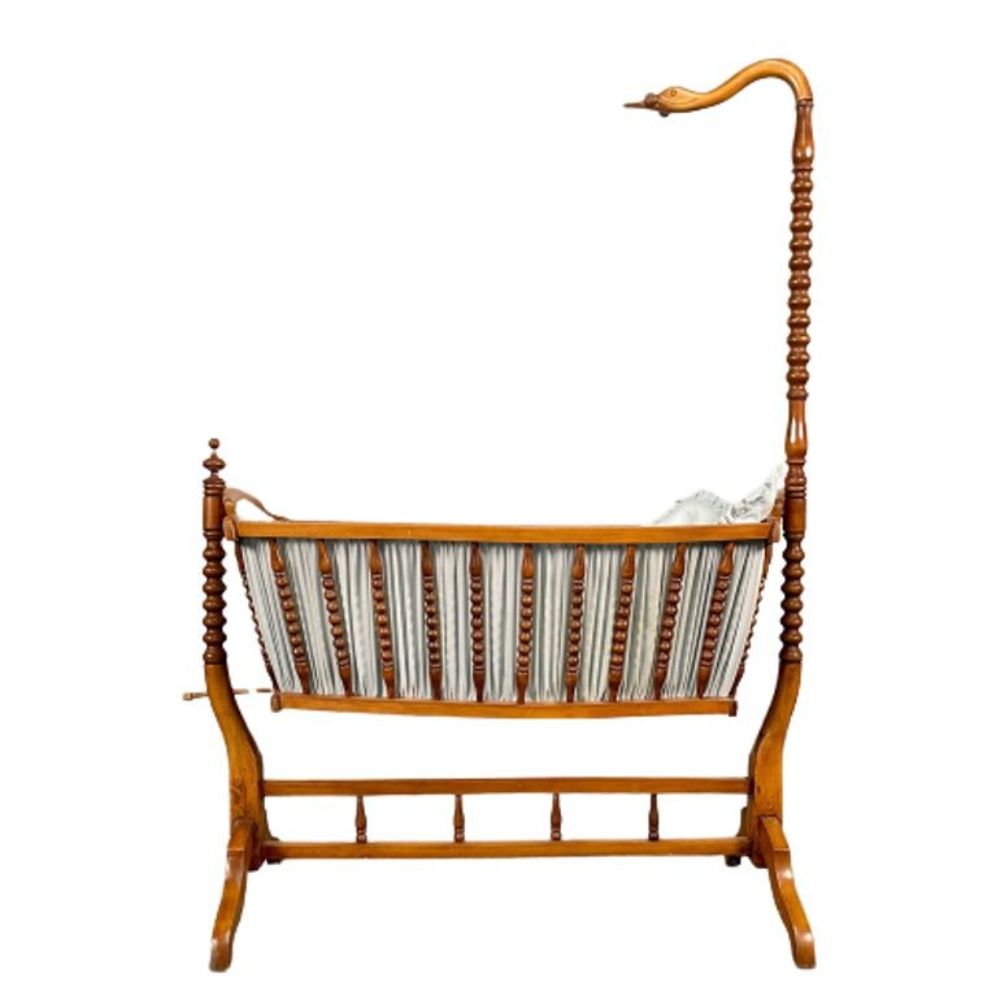 French Spindled 19th Century Walnut Decorative Cradle, Swan Motif