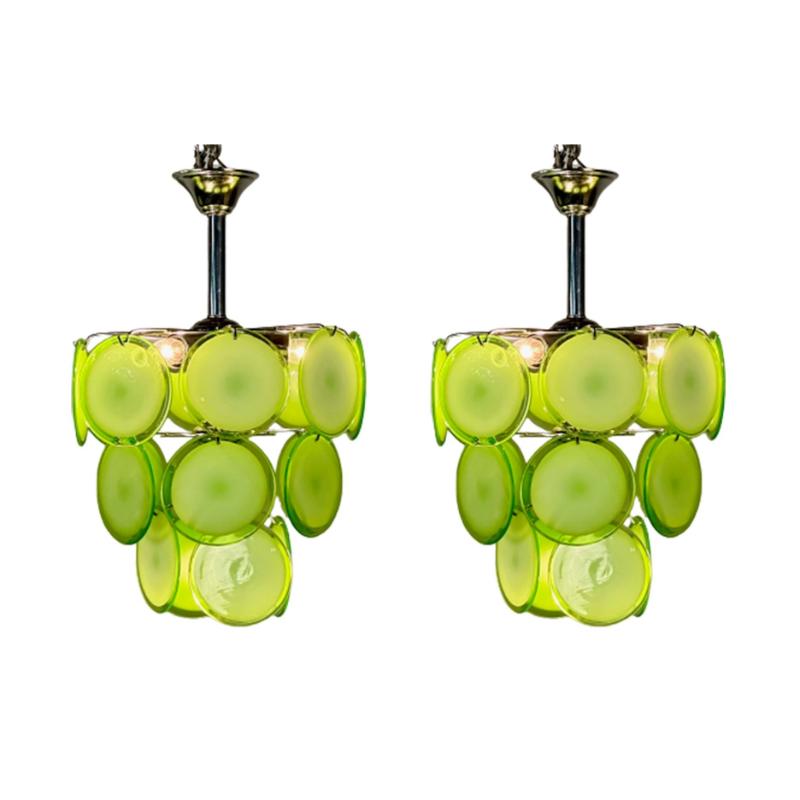 Pair of Mid-Century Modern Style Small Green Murano Glass Disk Chandeliers