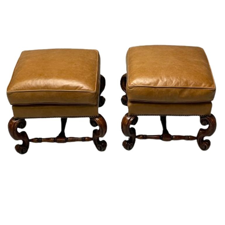 Georgian, Cabriole Leg Ottomans, Tan Leather, Wood, USA, 2000s