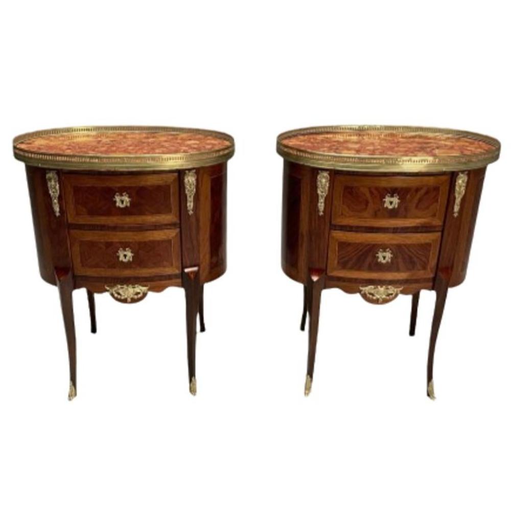 French Louis XV, Side Tables, Marquetry, Marble, Brass, France, 1930s