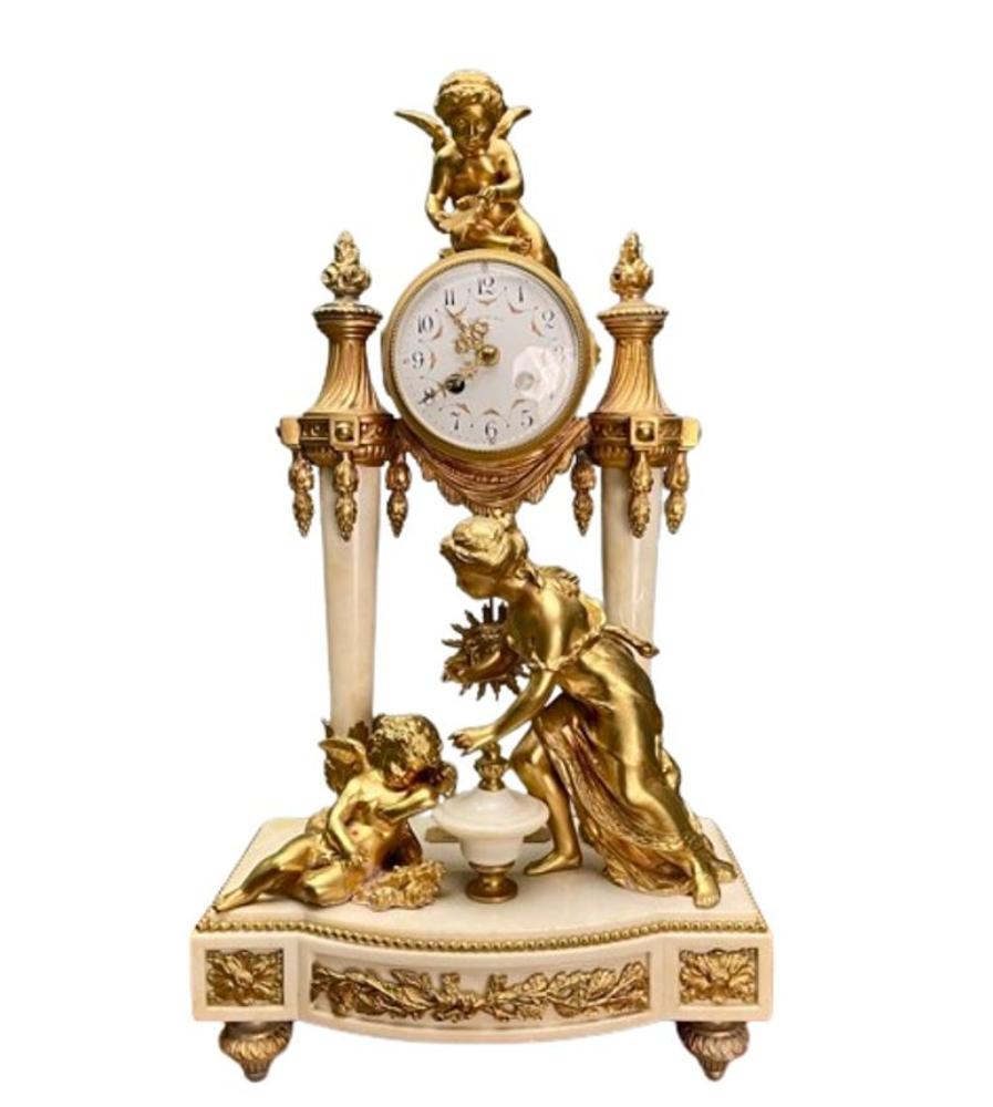 Louis XVI Style, Clock Garniture, Gilt Bronze, Marble, France, 1920s