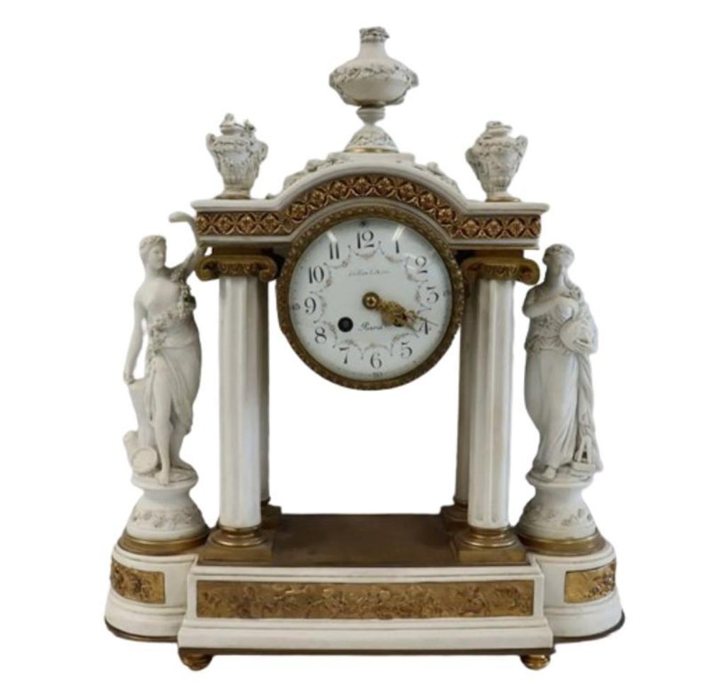 Sèvres Parian Attr, Louis XV, French Mantle Clock, Parian, Bronze, 19th Century
