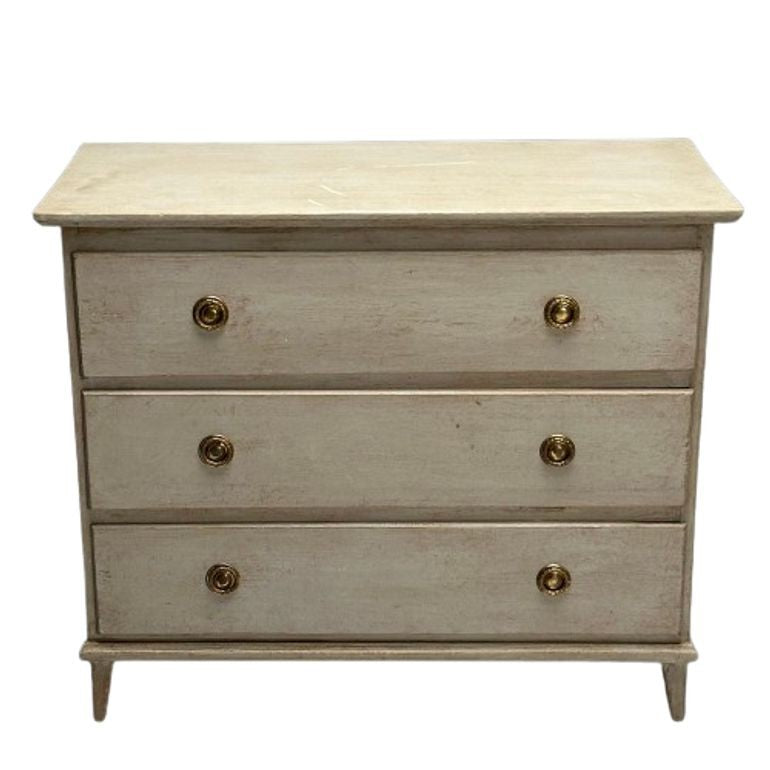 Gustavian, Swedish Commode, Grey Paint Distressed, Brass, Sweden, 1940s
