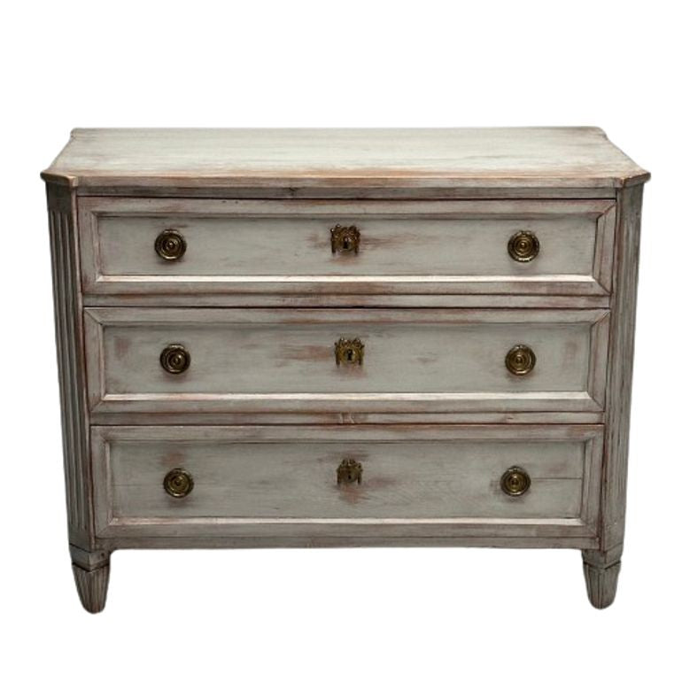 Gustavian, Swedish Commode, Gray Paint Distressed, Brass, Sweden, 1800s