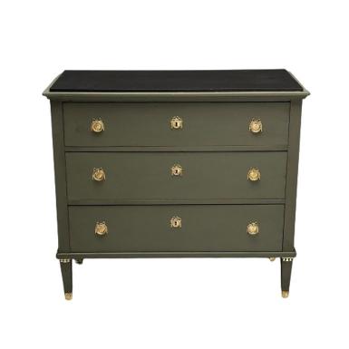 Gustavian, Swedish Commode, Green Paint, Pinewood, Brass, Sweden, 1970s