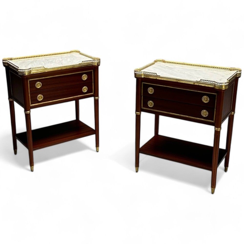 Maison Jansen Style, Hollywood Regency, Mahogany, Marble, Brass, Nightstands