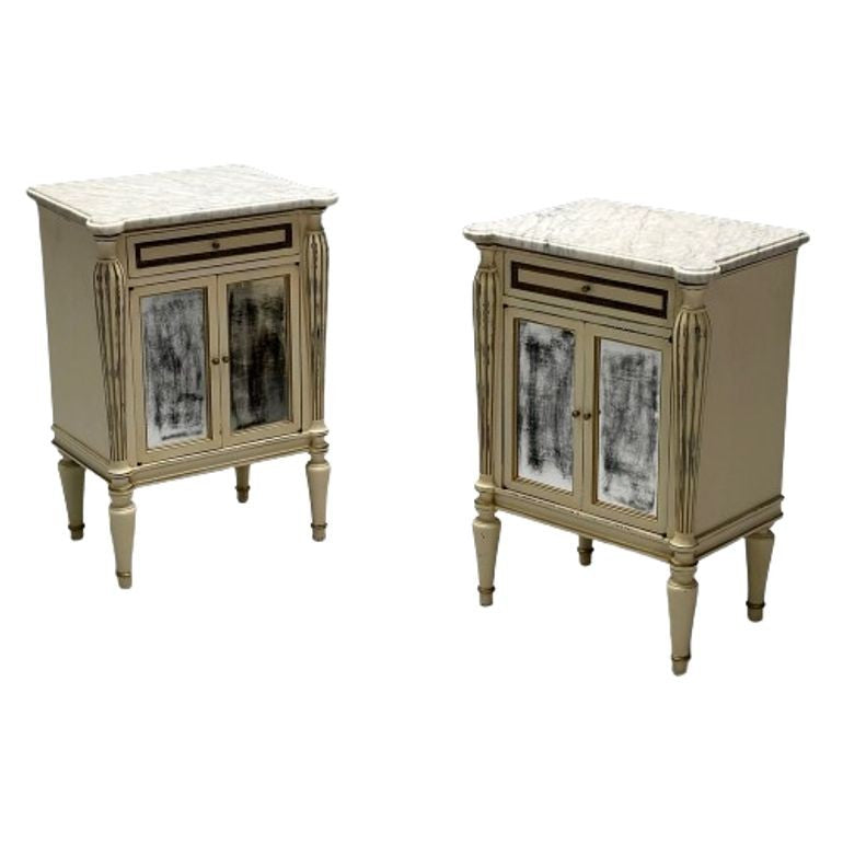 Maison Jansen, Hollywood Regency, Side Table Cabinets, Distressed Mirror, Marble