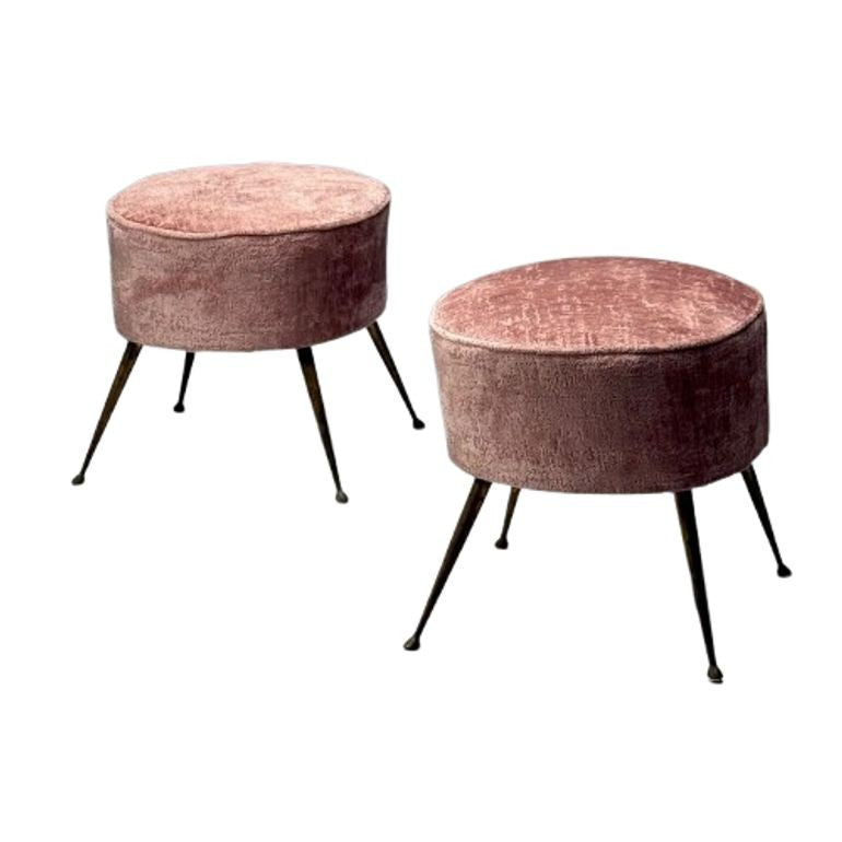 Italian Mid-Century Modern, Footstools, Patinated Brass, Pink Velvet, 1950s