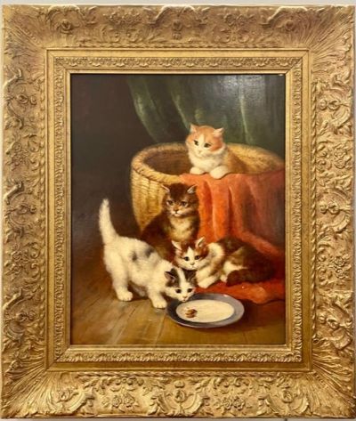 19th/20th Century Oil Painting of Kittens in a Basket at Feeding Time