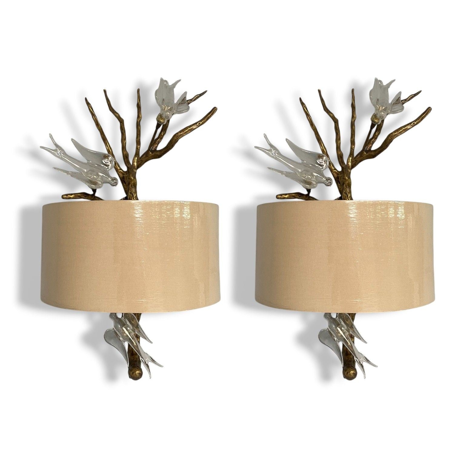 Brutalist Modern, Hammered Bronze, Crystal, Linen, Bird Wall Sconces, 21st C.